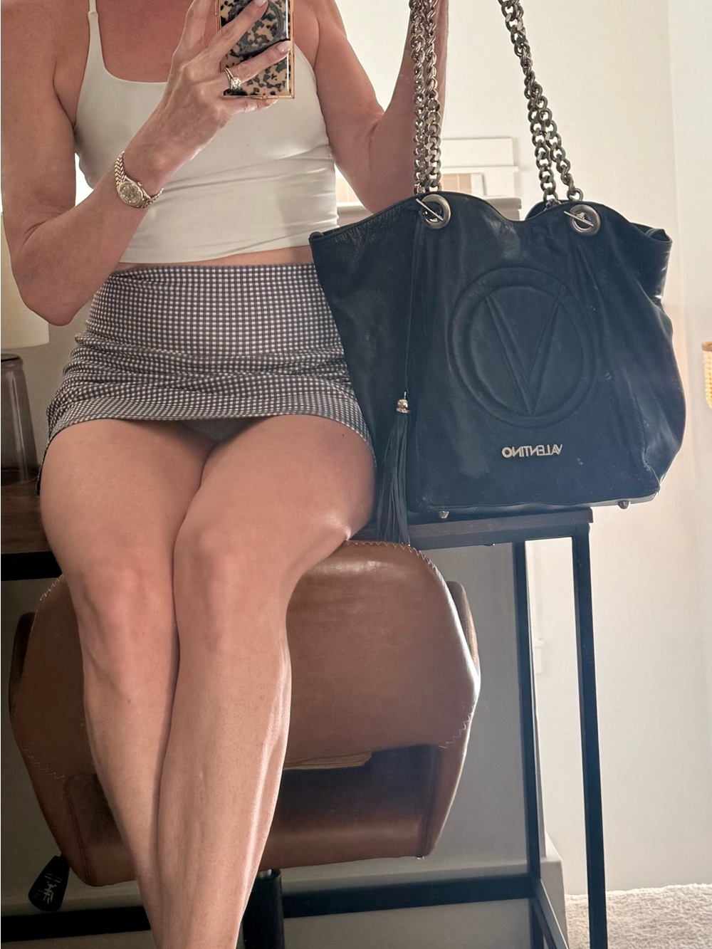 Mario Valentino Verra Black Leather V Logo Chain Tote Made in Italy